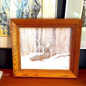 Vintage Hunt painted oil on board deer in winter scene signed vintage oak frame